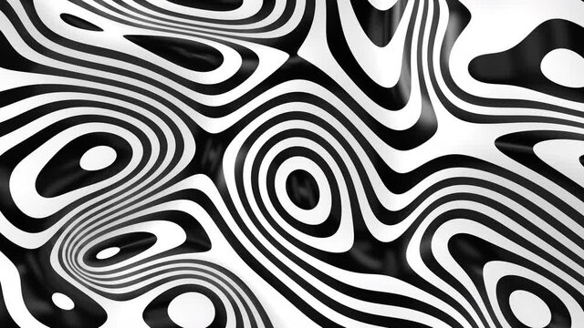 Abstract black and white liquid moving surface. 3D wavy striped motion background. B&W lines pattern. Liquid shape 3D animation. 4K seamless loop. 