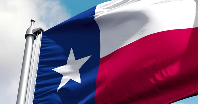 Texas flag on a flagpole waving in the wind in the sky. Wonderful intro for yor projects. State of Texas in The United States of America. Austin. Houston.