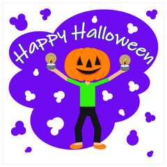 White Halloween kids card with violet elements. A child in a suit of Jack Lantern with candles in his hands. Above is the white text Happy Halloween.Flat vector illustration prepared for animation.