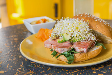 Healthy food on wooden table, natural light.