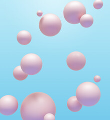 Abstract background of mat pink spheres floating around in the air over blue backdrop. 3D render
