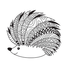 Hedgehog doodle coloring book page. Antistress for adult, zentangle style.