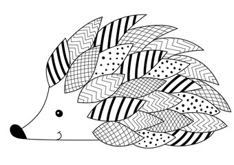 Hedgehog doodle coloring book page. Antistress for adult, zentangle style.