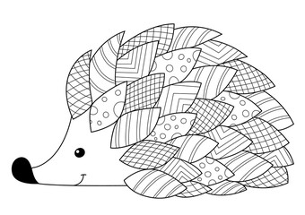 Hedgehog doodle coloring book page. Antistress for adult, zentangle style.