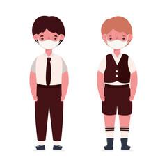 Boys kids with uniforms medical masks design, Back to school and social distancing theme Vector illustration