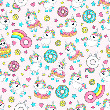 Fairytale seamless pattern. Cute baby unicorns. Donut unicorn with white  glaze and rainbow tail, pink, blue mint and yellow lemon donuts, donut comet with rainbow.Vector illustration