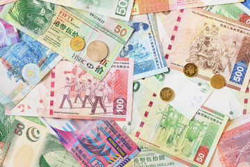 Different Hong Kong money bank notes and coins.