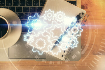 Multi exposure of business theme drawing and work table top veiw. Concept of international finance.