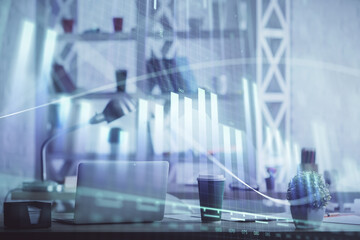 Double exposure of stock market graph drawing and office interior background. Concept of financial analysis.