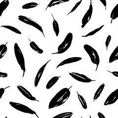 Brush black long leaves vector seamless pattern. Silhouettes of banana leaves, eucalyptus foliage.