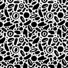 Geometric vector seamless pattern in Memphis style. Grunge brush stroke, circles, dots and shapes. Hand drawn ink illustration in eighties and nineties style.