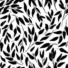 Leaves and branches vector seamless pattern. Black brush leaves and twigs. Olive branch modern ornament. Black ink texture with foliage.