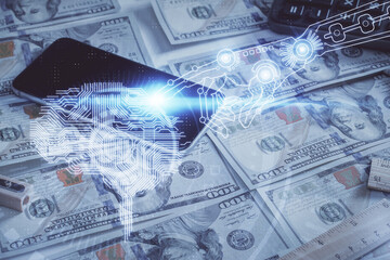 Double exposure of brain drawing over us dollars bill background. Technology concept.
