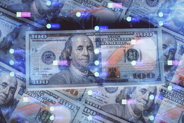 Double exposure of data theme drawing over us dollars bill background. Technology concept.