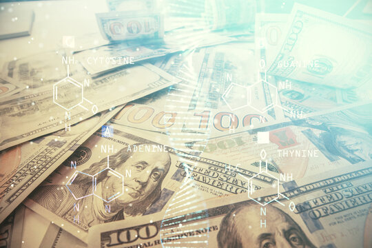 Double exposure of DNA drawing over usa dollars bill background. Concept of medical education.