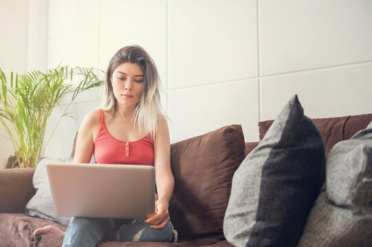 Girl working at home with computer in sofa