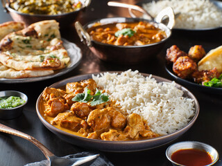 indian chicken tikka masala on plate with basmati rice
