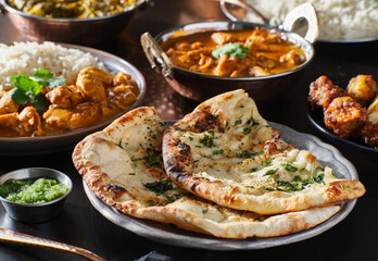 indian naan bread with herbs and garlic seasoning on plate - 361869194