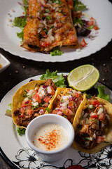 Mexican beef tacos food on wooden table.