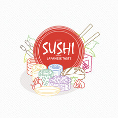 Sushi. Japanese food. Rolls with fish and caviar on eco plate, chopsticks, ginger and soy sauce. Delicious art for restaurant and bar menu, booklets or prints