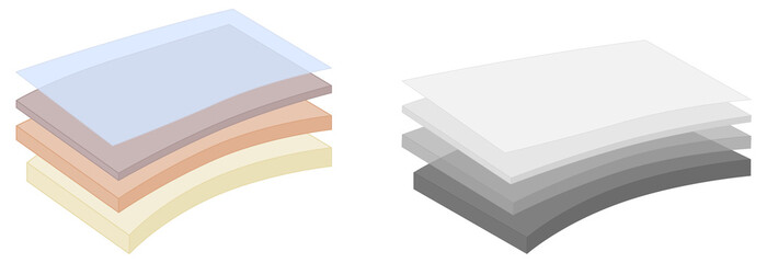 Simple four layers or fabric diagram. Various thickness, colors and gray version, top layer opaque, sheets are slightly bent