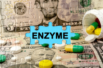 Double exposure. Puzzles depicting pills and dollars with the inscription - ENZYME