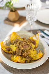 Oriental Traditional Saffron Rice with Lamb in Lavash Flatbread Crust, Shah Pilaf