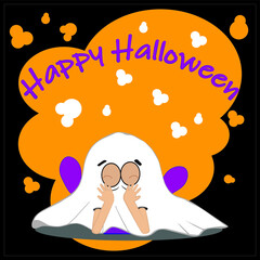Black children's card for Halloween. A child in a ghost costume lies on his stomach on the floor. Above is the inscription Happy Halloween. Vector illustration, layered.Each layer and group are named.