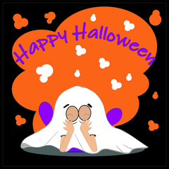 Black children's card for Halloween. A child in a ghost costume lies on his stomach on the floor. Above is the inscription Happy Halloween. Vector illustration, layered.Each layer and group are named.