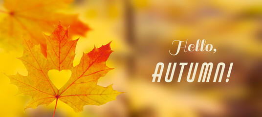 The inscription hello autumn on a background of yellow-orange maple leaves