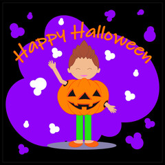 Black children's Halloween card with violet elements. A child in a pumpkin costume waves his hand. Top orange text Happy Halloween. Flat vector illustration, layered. Each layer and group are named.