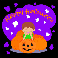Black Halloween kids card with viole elements. A child among many pumpkins, leaned on a jack lantern. Top orange text Happy Halloween. Flat vector illustration, layered.Each layer and group are named.