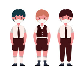 Boys kids with uniforms medical masks design, Back to school and social distancing theme Vector illustration