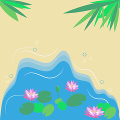 Fototapeta na wymiar Tropical pond with exotic flowers, pink lotuses and palm leaves. Background for tourist vacation. Vector illustration in flat style for design of social networks, floral natural pattern.