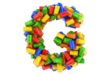 Letter G from colored steel barrels, 3D rendering