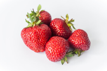 Eco or Bio Strawberry on White Background - Five Berries Composition Isolated Front View Close up Shot with Natural Light