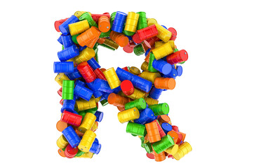 Letter R from colored steel barrels, 3D rendering