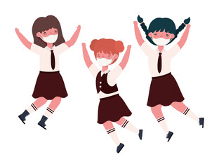 Girls kids with uniforms medical masks jumping design, Back to school and social distancing theme Vector illustration