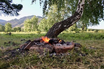A bonfire in the meadow against a background of mountains and birch forest.