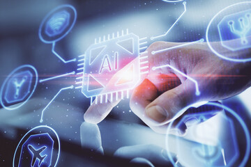 Multi exposure of man's hand holding and using a digital device and data theme drawing. Innovation concept.