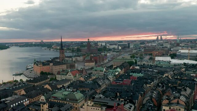 Stockholm city skyline during sunset, aerial backward view