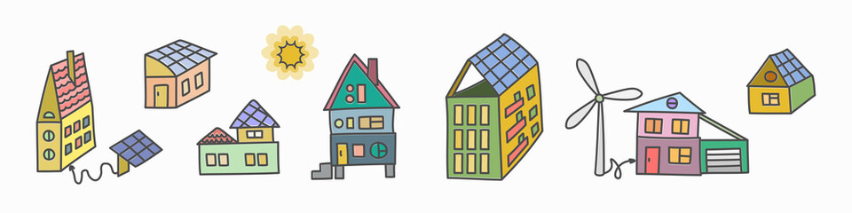 A set of houses and buildings on the roofs of which are solar panels. Eco home concept, solar energy, wind energy. Vector illustration in a flat trendy style for design.