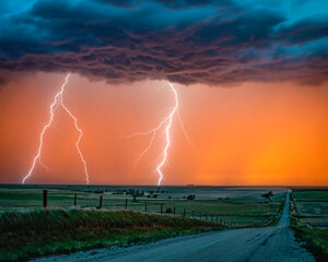 A lighting storm on the Great Plains as the sunsets