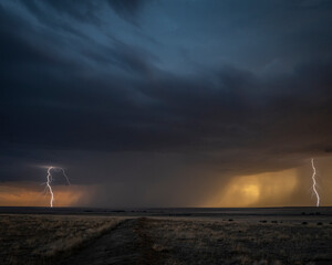 A lighting storm on the Great Plains as the sunsets