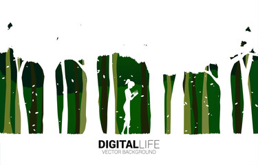 Silhouette of woman use mobile phone in green park. Concept for digital life with natural