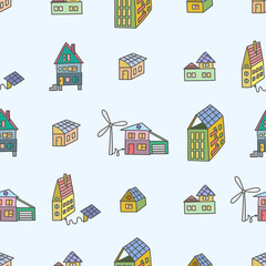 Seamless pattern of houses and buildings on the roofs of which are solar panels. Eco home concept, solar energy, wind energy. Vector illustration in a flat trendy style for design.