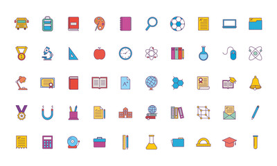 School line and fill style icon set design, education class lesson knowledge preschooler study learning classroom and primary theme Vector illustration