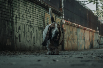 Basset Hound corriendo en ciudad