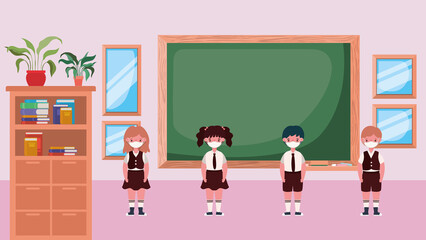 kids with masks in classroom in front of board design, Back to school theme Vector illustration