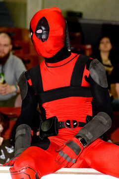 SAINT PETERSBURG, RUSSIA - MAY 19, 2018: Unidentified man does cosplay of Deadpool, local film festival.